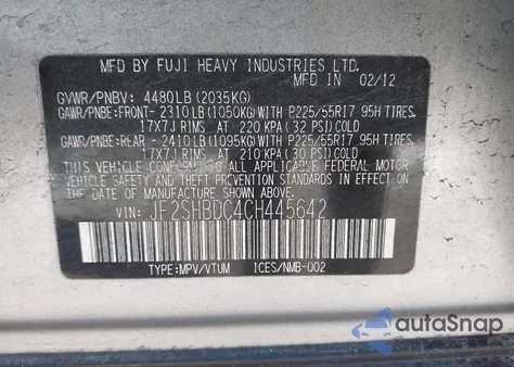 2012 Subaru Forester 2.5X Premium из США, поврежденный, VIN JF2SHBDC4CH445642